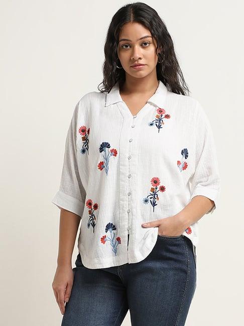 gia by westside off-white floral embroidered high-low shirt