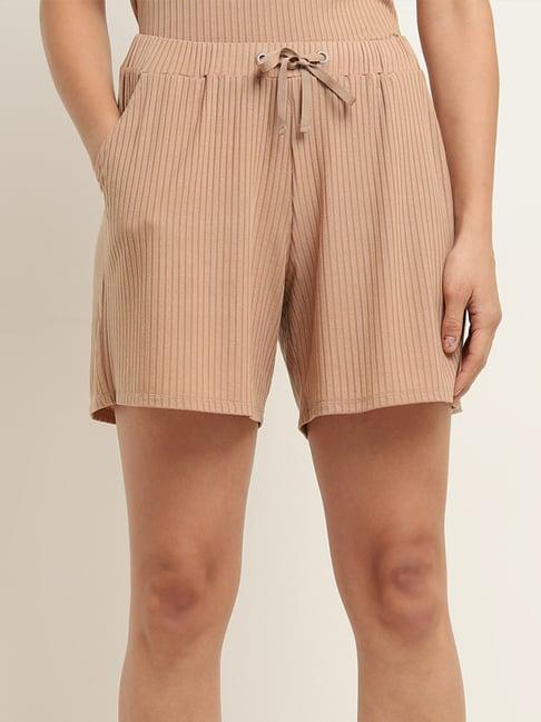 wunderlove by westside light taupe ribbed mid-rise shorts