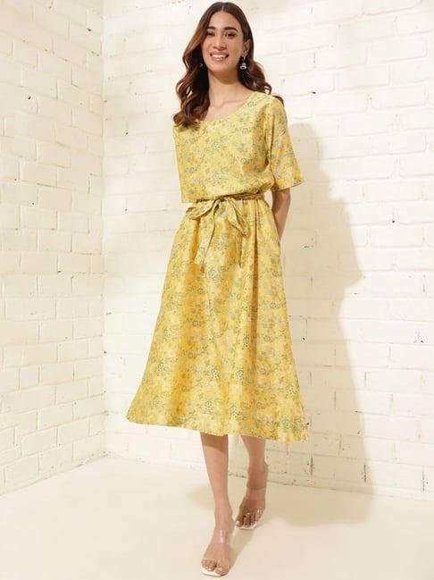 fabindia yellow cotton floral print a-line dress