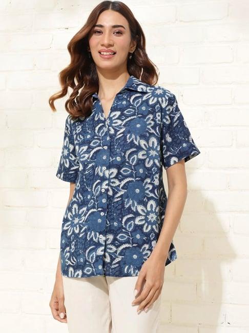 fabindia indigo blue cotton floral print shirt