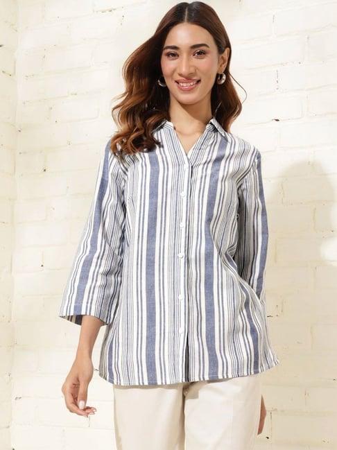 fabindia white & blue cotton striped shirt