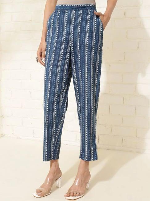 fabindia indigo blue cotton printed pants