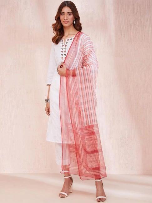 fabindia peach & white striped dupatta