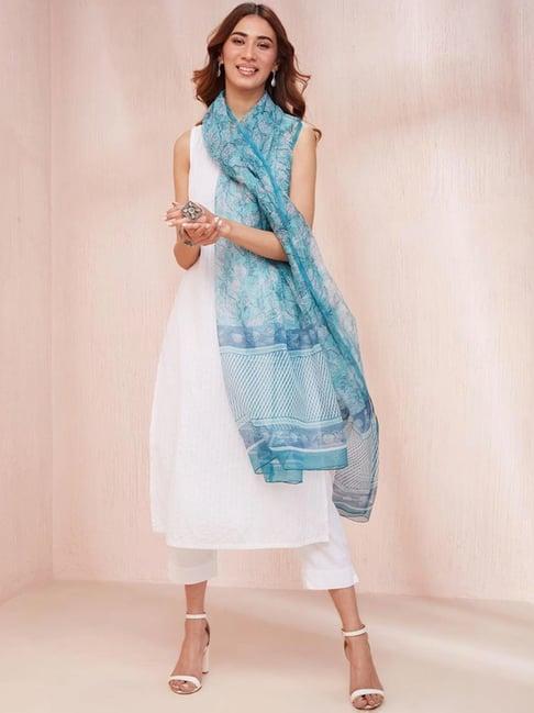 fabindia aqua blue floral print dupatta