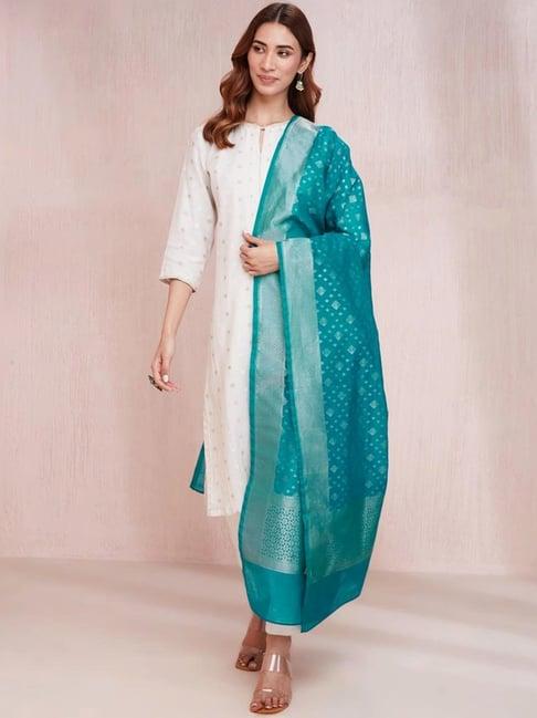 fabindia teal blue woven pattern dupatta