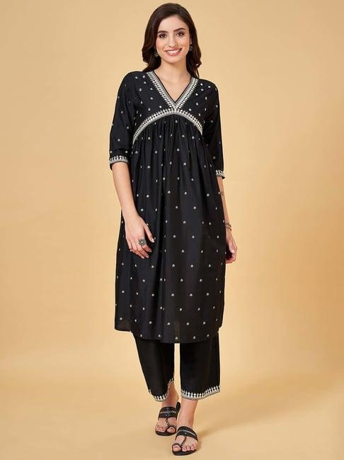 rangmanch by pantaloons black embroidered kurta palazzo set