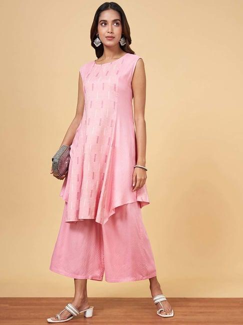 yu by pantaloons pink woven pattern kurta palazzo set