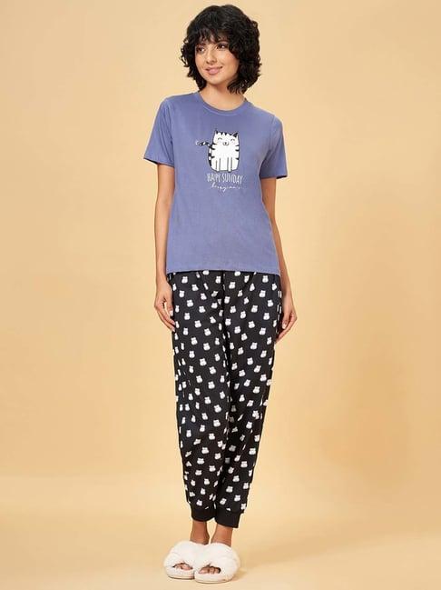 yu by pantaloons blue & black cotton printed t-shirt pyjamas set