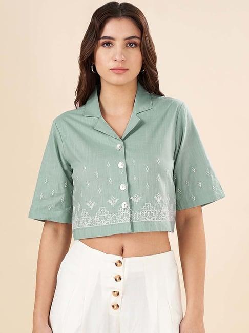 akkriti by pantaloons green embroidered cropped shirt