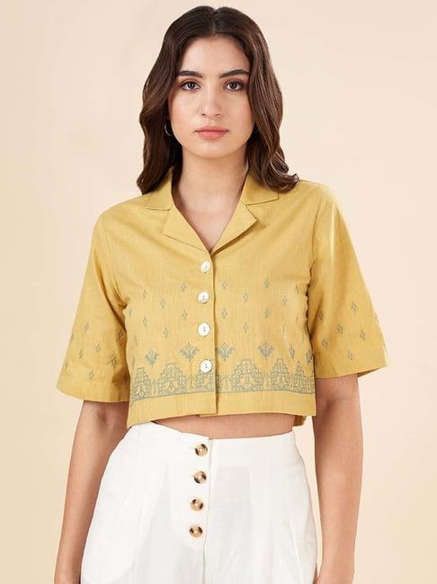 akkriti by pantaloons yellow embroidered cropped shirt