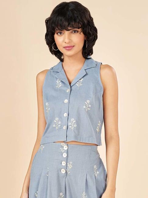 akkriti by pantaloons blue embroidered cropped shirt