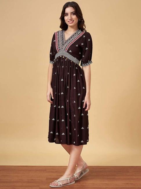 yu by pantaloons brown printed a-line dress