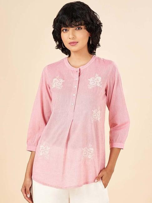 akkriti by pantaloons pink cotton embroidered a line short kurti