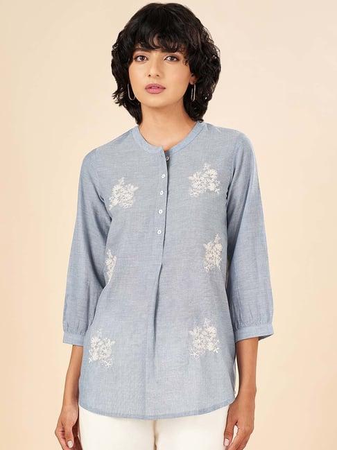 akkriti by pantaloons blue cotton embroidered a line short kurti