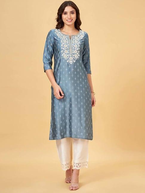 rangmanch by pantaloons blue embroidered straight kurta