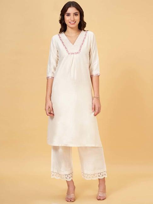 rangmanch by pantaloons white embroidered straight kurta