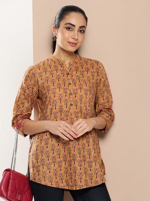 amukti yellow cotton printed tunic