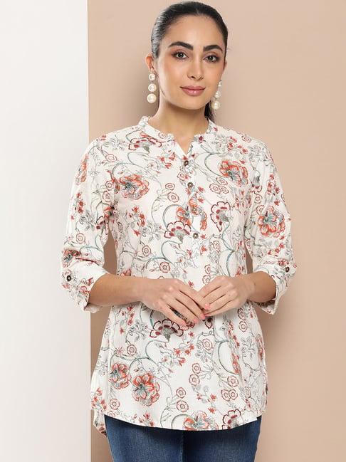 amukti white cotton floral print tunic