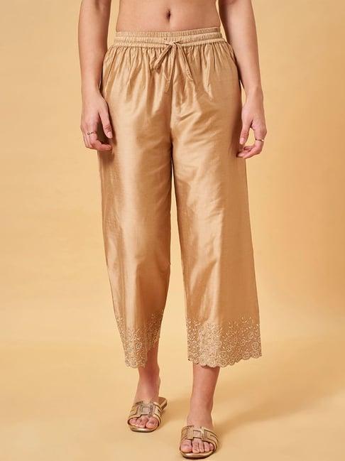 rangmanch by pantaloons khaki embroidered palazzos