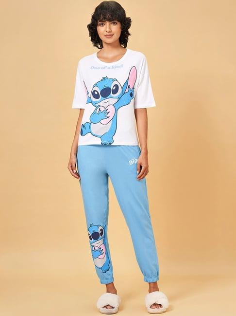 dreamz by pantaloons white & blue cotton printed top pyjamas set