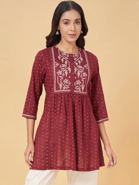 rangmanch by pantaloons maroon cotton printed a line short kurti