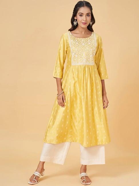 rangmanch by pantaloons yellow embroidered flared kurta