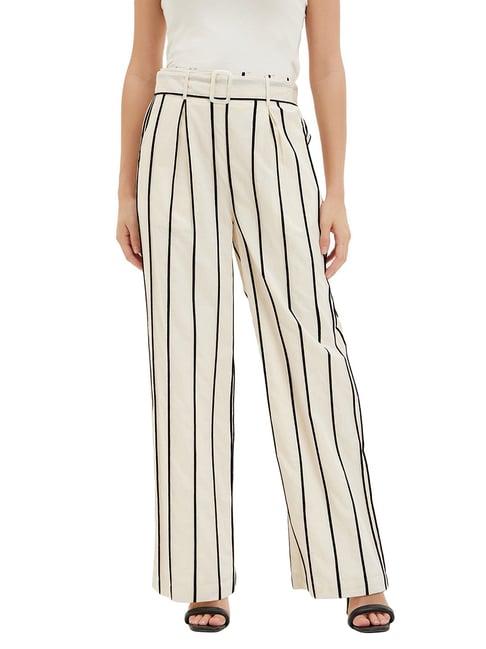 kazo beige & black striped regular fit high rise trousers with belt