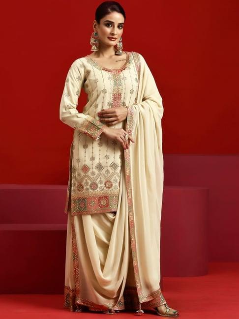 libas art beige embroidered kurta palazzo set with dupatta