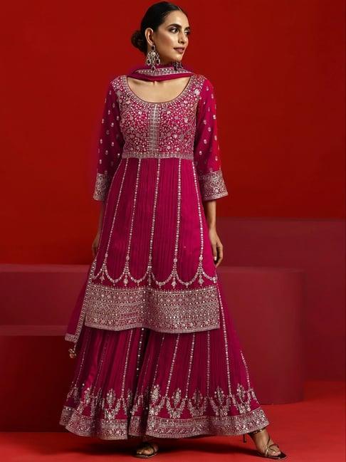 libas art hot pink embroidered kurta sharara set with dupatta