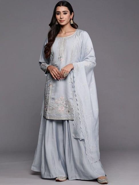 libas art powder blue embroidered kurti palazzo set with dupatta