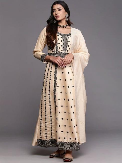 libas art beige embroidered kurta pant set with dupatta