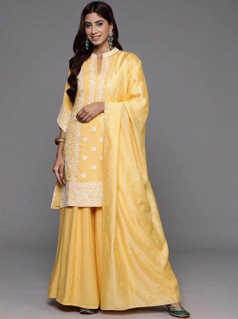 libas art yellow embroidered kurti palazzo set with dupatta