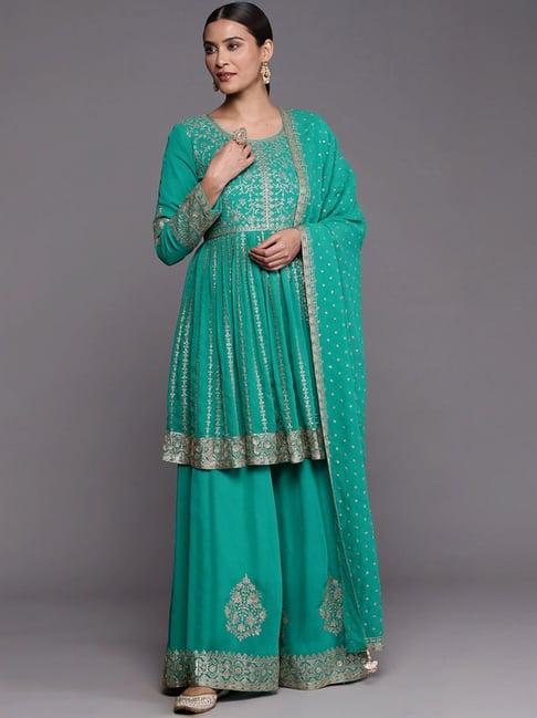 libas art rama green embroidered kurti palazzo set with dupatta