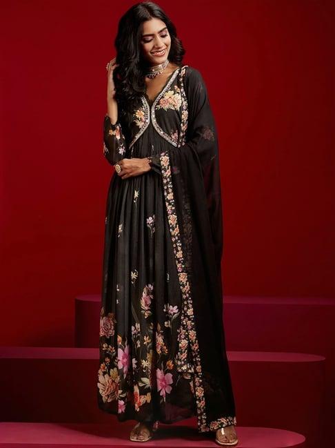 libas art black floral print kurta pant set with dupatta