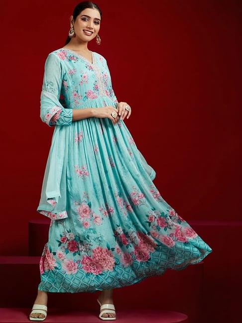 libas art turquoise floral print kurta pant set with dupatta