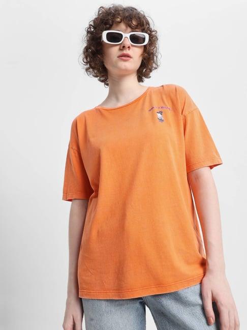 only orange cotton graphic print oversized t-shirt