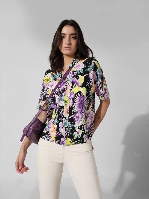 only black and purple floral print top