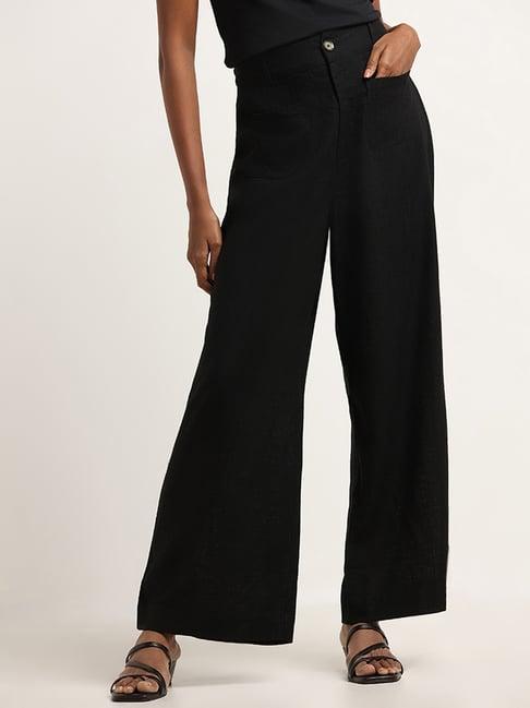 lov by westside black blended linen mid-rise wide-leg pants