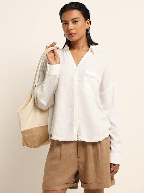 lov by westside white frayed pattern blended linen shirt