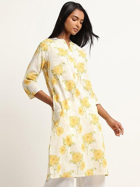 utsa by westside yellow floral print cotton kurta