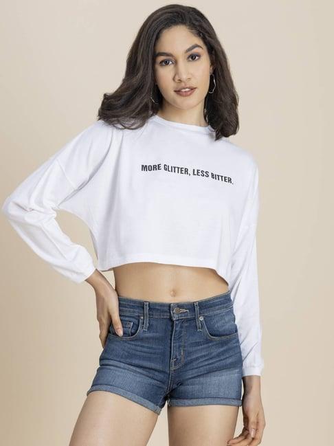 moomaya white graphic print crop t-shirt