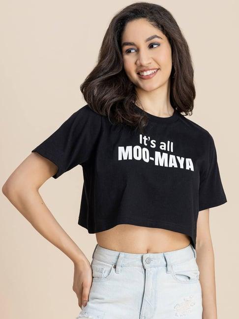 moomaya black graphic print crop t-shirt