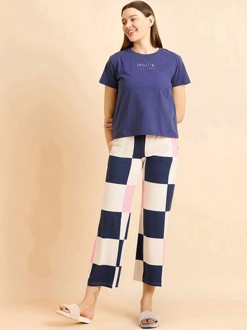 sweet dreams blue & white cotton printed t-shirt pant set