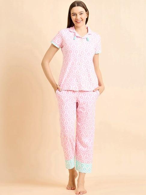 sweet dreams pink & white cotton printed shirt pyjama set