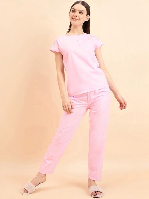 sweet dreams pink cotton embroidered top pyjama set