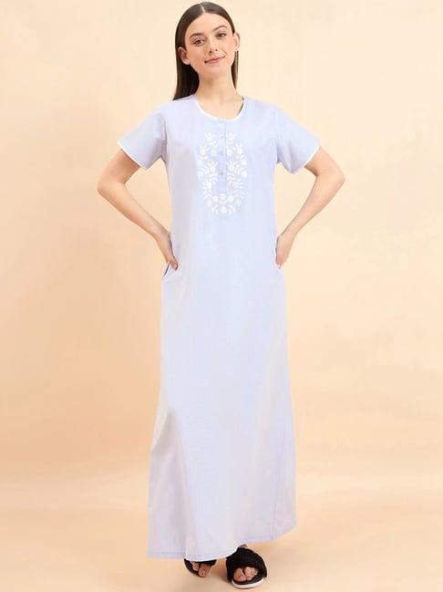 sweet dreams sky blue cotton embroidered nighty