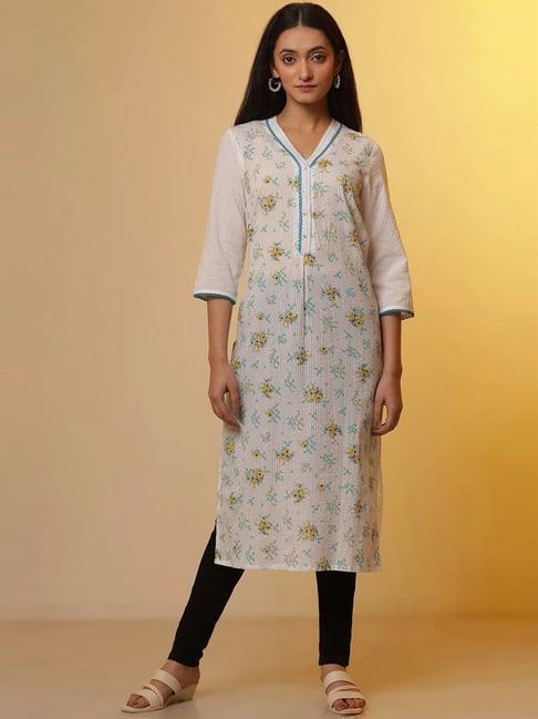 aurelia white & navy cotton printed kurta jeggings set