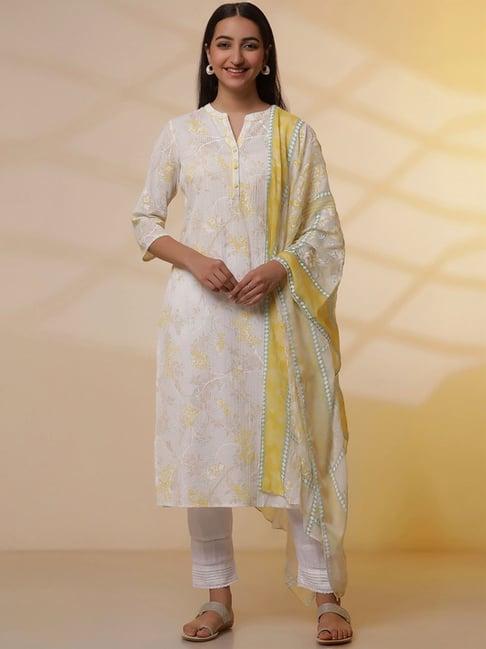 aurelia white cotton printed kurta pant set with stole