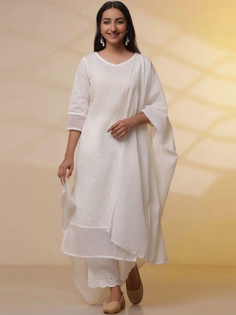 aurelia white cotton embroidered kurta palazzo set with dupatta