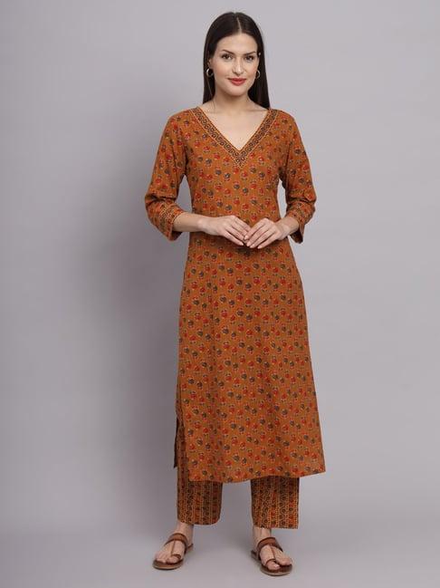 deckedup mustard printed kurta with pants